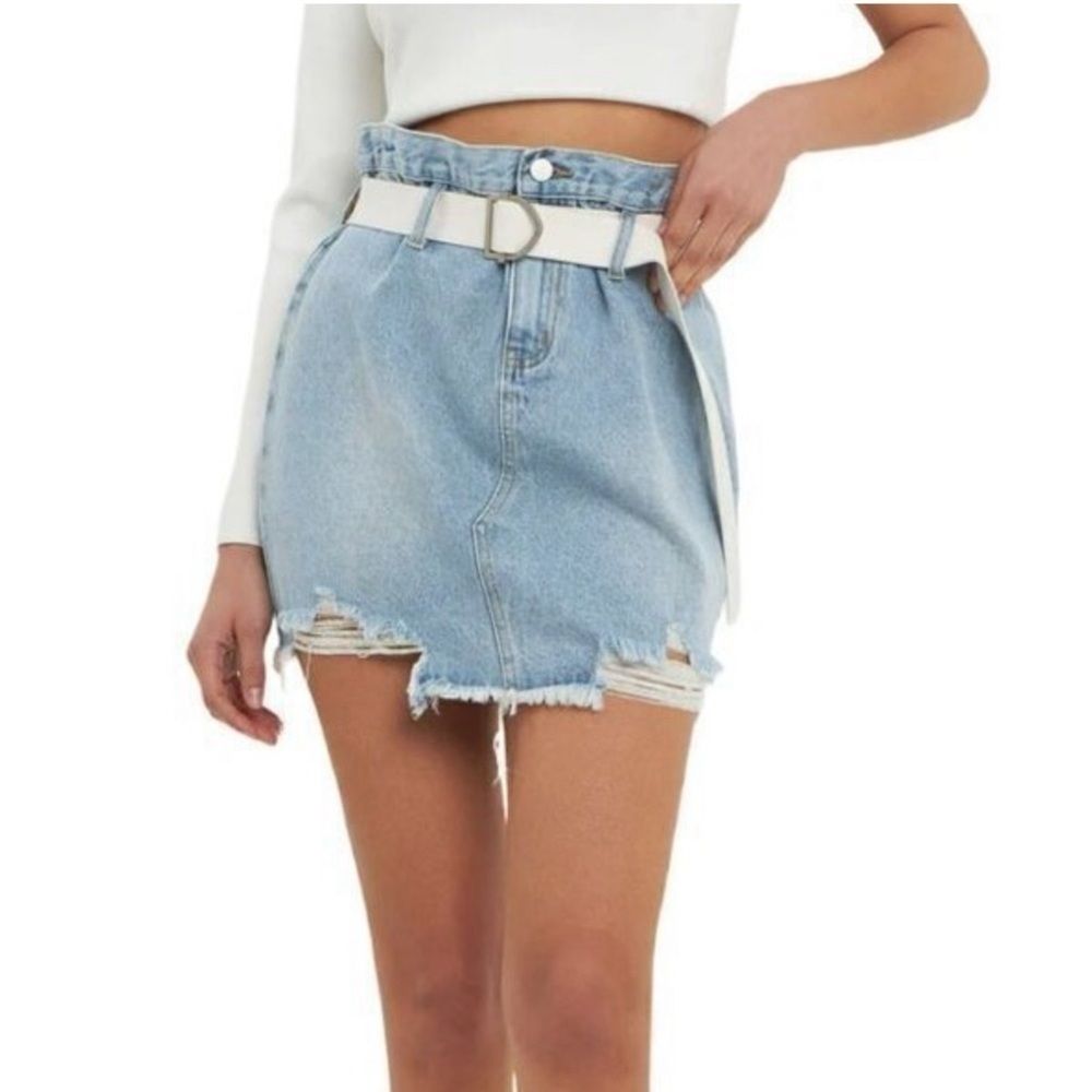 GREY LAB LOS ANGELES High Rise Denim Skirt Light Wash 90s Style Distressed Sz L - Picture 2 of 10